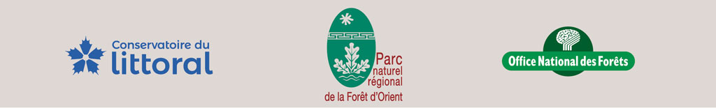  Logos de la maitrise d'ouvrage  et de ses partenaires : le conservatoire du littoral, le parn naturel régional de la Forêt dorient et l'Office National des Forêts.